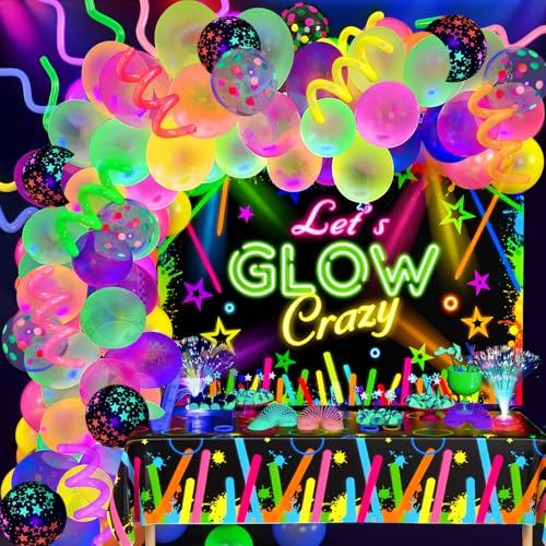 Tacobear Neon Party Deko Schwarzlicht Deko Disco Party Zubehör mit Luftballons Girlande Fluoreszierend Modellierballons Hintergrund Tischdecke Kindergeburtstag Erwachsene Kinder 161Stk von Tacobear