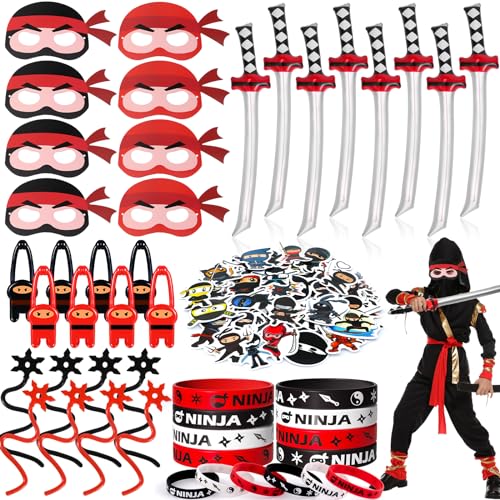 Tacobear Ninja Mitgebsel Kindergeburtstag Give Aways Gastgeschenk mit Masken Ninja Schwert Silikon Armband Fingerschleuder Party Mitgebsel für Kinder Jungen Mädchen 4 5 6 7 8 9 10 Jahre von Tacobear