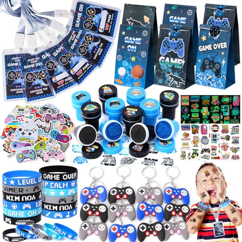 122Stk Videospiel Party Mitgebsel Kindergeburtstag Gastgeschenke mit Silikon Armband Geschenktüten Stempel Video Gamer Controller Schlüsselanhänger VIP Pass Aufkleber Give Aways für Kinder Jungen von Tacobear