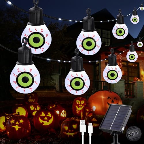 Tacobey Solar Lichterkette Aussen mit 20 Augapfel Glühbirnen, 10m 100LED Solar Lichterkette Außen, USB Wiederaufladbar, für Party Garten Outdoor Deko von Tacobey