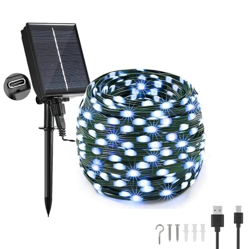 Tacobey Solar Lichterkette Aussen, 20M 200 LED【USB/Solarbetrieben】 Lichterkette Außen, 8 Modi, Wetterfest, Solarlichterkette für Outdoor Garten Balkon Deko - Weiß von Tacobey