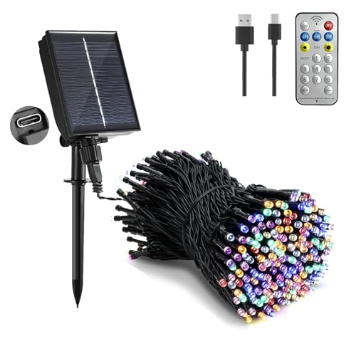 Tacobey Solar Lichterkette Außen Bunt -20M 200 LED Lichterkette Aussen Solar und USB Aufladbar mit Fernbedienung, 8 Mode, Wetterfest, für Outdoor Garten Terrasse Balkon Deko von Tacobey