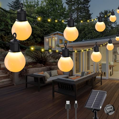 Tacobey Solar Lichterkette Außen Warmweiß Mit 20 G40 Glühbirnen - 10M 100 LED Solar Lichterkette Aussen Garten, USB Aufladbar, 8 Mode, Wetterfest, für Outdoor Garten Terrasse Balkon Deko von Tacobey