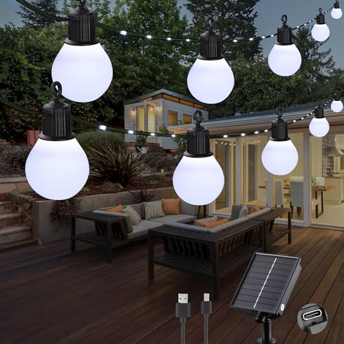 Tacobey Solar Lichterkette Außen Mit 20 Glühbirnen - 10M 100 LED Lichterkette Solar Aussen Wetterfest Weiß, 【USB/Solarbetrieben】 Solarlichterkette für Outdoor Terrasse, Balkon, Gärten Deko von Tacobey