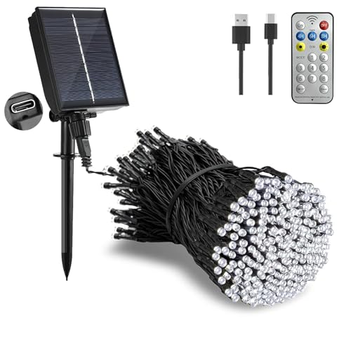 Tacobey Solar Lichterkette Außen Weiß -20M 200 LED Lichterkette Außen Solar und USB Aufladbar mit Fernbedienung, 8 Mode, Wetterfest, für Outdoor Garten Terrasse Balkon Deko von Tacobey