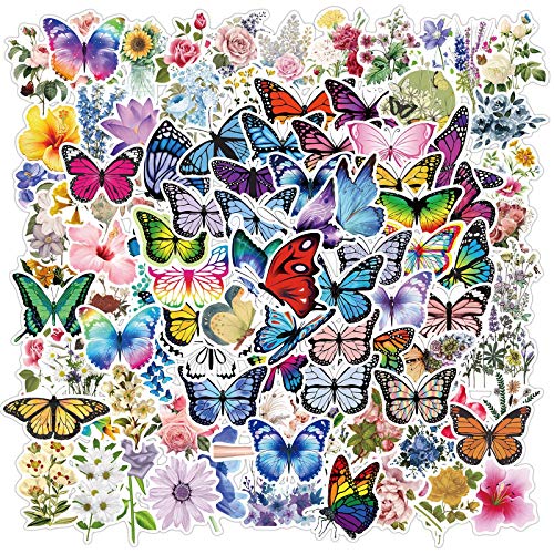 100 Stück Schmetterling und Blume Aufkleber Niedliche Vinyl Sticker für Gepäck, Skateboard, Stoßstange, Sammelalbum, Becher, Aufkleber,Geschenk für Kinder,Teenager, Erwachsene von Tacomexi