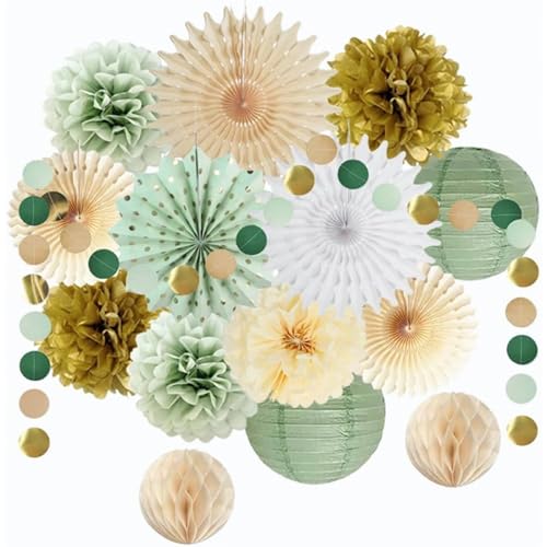 15pcs Sage Green Party Dekorationen, Papierpoms, Papierlaternen und Papierfans Party -Dekorationen mit hängenden Glitzerpunkten für Hochzeitsbrautduschen Abschlussfeier ein Dekoration von Tadoiooy