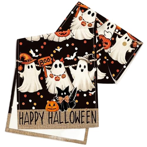 Tadoiooy Ghost Tischläufer, Halloween-Tischläufer 13x72 Halloween Tischdekor mit Ghost Jack-O'-Lantern Black Cat Print, hitzebeständiger Tischläufer für die Küche Esstischdekoration von Tadoiooy