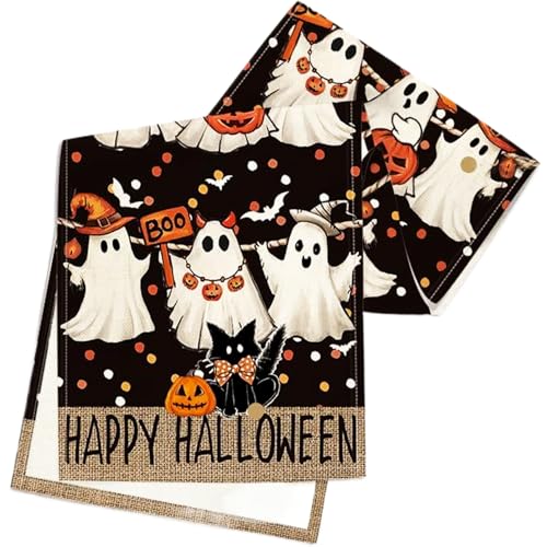 Tadoiooy Halloween Tischläufer 13x72 Halloween Tischdekor mit Ghost Jack-O'-Lantern Black Cat Print, wasserdichte und hitzebeständige Tischläufer für die Küche Esstischdekoration von Tadoiooy