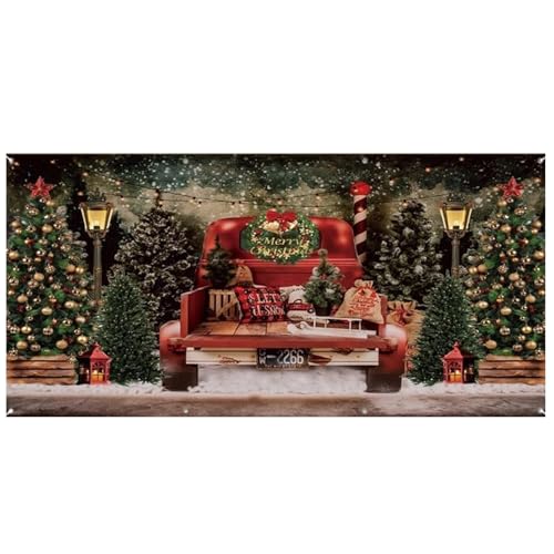 Tadoiooy Weihnachtsgaragentür Banner 16x7 ft Große Garagentor Abdeckung Red Truck Weihnachtsbaum Garagentor Dekorationen Polyester Hängende Kulissen Weihnachtsbanner für Außenfeiertagswand von Tadoiooy