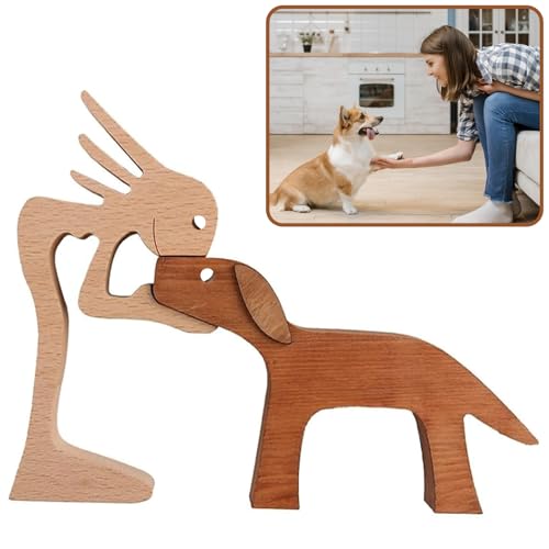 Tadpolez Holzschnitz Ornamente, Holzskulptur Hundefigur,Handgefertigte Hundestatue,Abstrakte Stil Menschen mit Hund Statue,Holzfiguren Skulptur Ornamente,Dekorationen für Zuhause,Büro,Wohnzimmer von Tadpolez