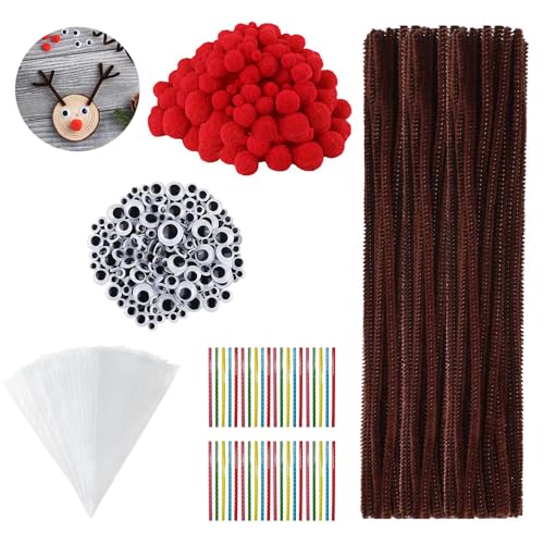 Taechalingo 650 Stück Pfeifenputzer Set(Wackelaugen Selbstklebend*150,Rote Pom Poms*150,Pfeifenreiniger Braun*150,Süßigkeiten Tüten*100,Twist Ties*100),Chenille Draht,Bastelzubehör Kinder von Taechalingo