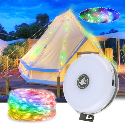 Camping Lichterkette Aufrollbar, 2 in 1 Tragbare Camping Lichterkette, Wasserdichte Tragbare LED Lichterkette 10m, Farbe, Für Outdoor Camping Hof Dekor Lichterkette von Taekooki