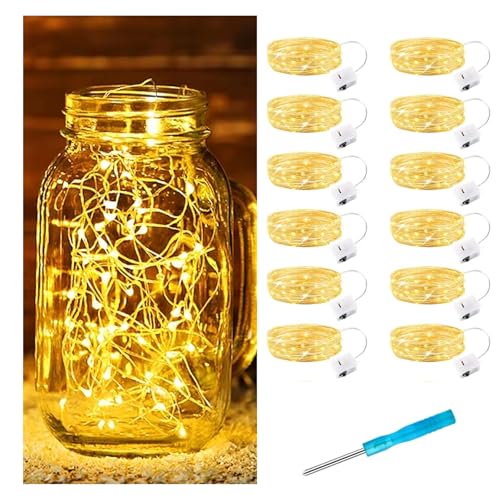 Taekooki 12 Stück LED Mini Lichterkette mit Batterie, 2M 20 LED Kupferdraht Lichterkette Innen, Lichterketten Weihnachten Batteriebetrieben Wasserdichte für Party Feste Hochzeit Deko, Warmweiß von Taekooki