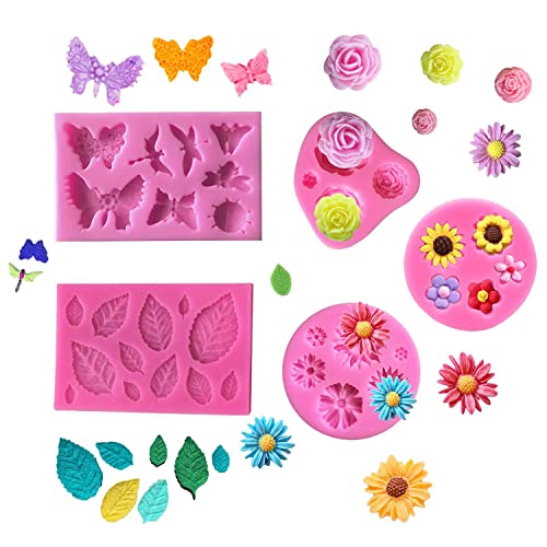 Taicols 5 Stück 3D Silikonform, Blumen Silikonform, Blätter, Rose, Schmetterling Fondant Silikonformen, Backform Silikon Kuchen Dekoration, für Schokolade, Süßigkeiten, Gelee, Seife von Taicols