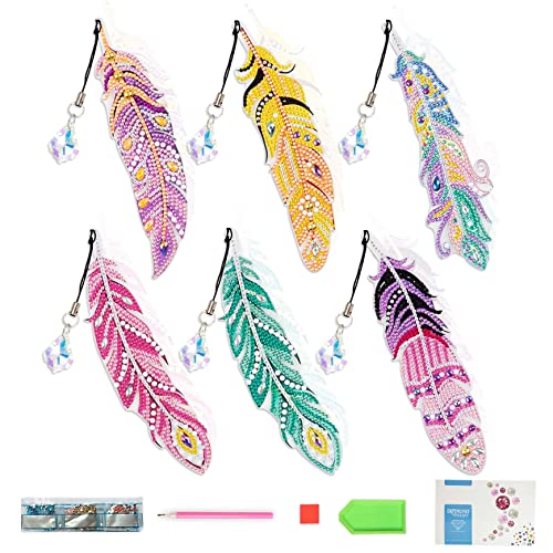 Taicols 6 Stücke Diamant Malerei Lesezeichen, 5D Diamond Painting Lesezeichen Set, DIY Diamant Malerei Lesezeichen Kinder Bookmark Feder Form Strass mit Kristall Anhänger für Seiten Markierungen (C) von Taicols