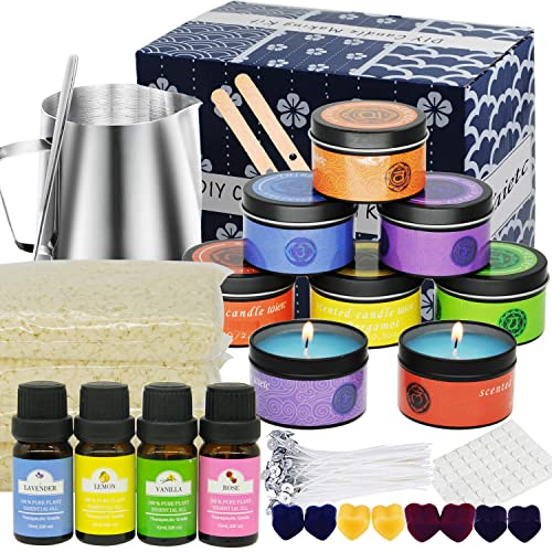 Kerzen Selber Machen Kit, DIY Kerzen Handwerk Werkzeuge Set mit Kerzendosen, Gießtopf und Löffel, Dochte Aufkleber, Düfte, Candle Dochte, Candle Dochte Halter, Farbblock, Etikett und Bienenwachs von Taietc