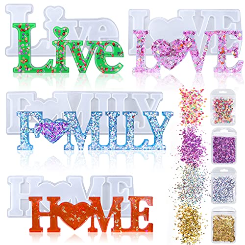 8 Stück Epoxidharz Formen Set, Resin Gießharz Silikonform 3D Love Home Family Live, Kommt mit Pailletten in 4 Formen für Handwerk DIY Dekoration, Festivalgeschenk von Tailcas