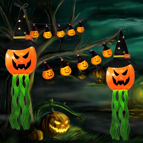 Halloween Kürbis Lichterkette, Halloween Windsack Halloween Deko Outdoor Kürbisse Geister Lichter Warmes Gelb mit 1.5 m 10 LED Kürbislichterkette für Halloween Party Dekor,Vorgarten,Garten von TaimeiMao