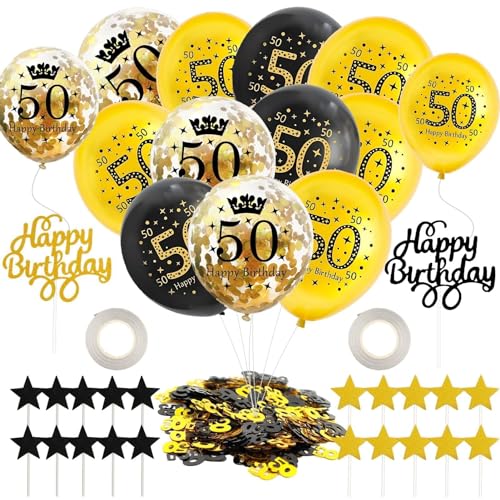 Luftballons 50.Geburtstag Deko,55 Stück Schwarz Gold 50.Geburtstag Deko Frauen Männer,Happy Birthday Ballon Konfetti Luftballon Set mit Cake Topper für Geburtstag Jubiläum Feier Party Dekoration von TaimeiMao