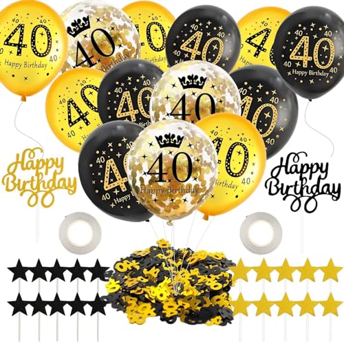 Luftballons 40.Geburtstag Deko,55 Stück Schwarz Gold 40.Geburtstag Deko Frauen Männer,Happy Birthday Ballon Konfetti Luftballon Set mit Cake Topper für Geburtstag Jubiläum Feier Party Dekoration von TaimeiMao