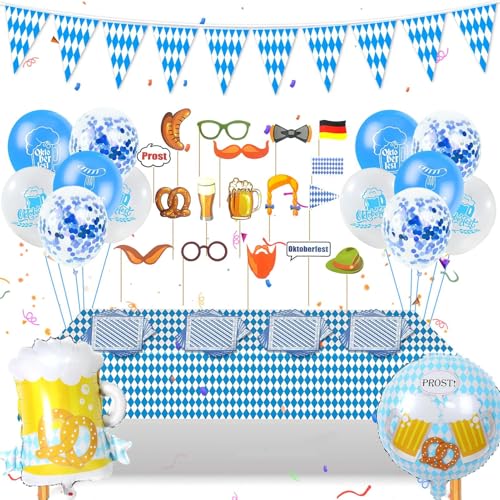 Oktoberfest deko Set,Dreiecksflagge + Tischdecke + Aluminiumfolienballon * 2 + Fotoartefakt * 17 + Taschentuch * 20 + 12 Bedruckte Latex-luftballons,For Haus,Garten,Bar Party. von TaimeiMao