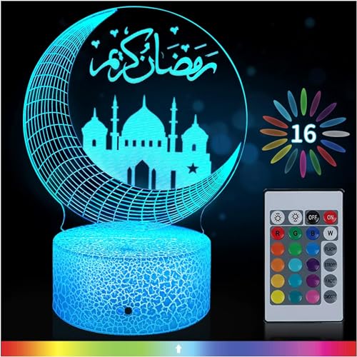 Ramadan Dekoration LED DIY Lamp,Eid Mubarak Dekorationen LED Lampe Ramadan 3D 16 Farben Beleuchtung Farbwechsellampe,Muslimischer Mondlampe Islamischer Lichter für Innen Außenbereich Party Deko (B) von TaimeiMao