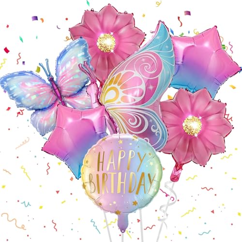 7 Stück Schmetterling Deko Geburtstag, Geburtstagsdeko Mädchen, Bunt Blumen Luftballon, Folienballon Schmetterling, Feen Deko Kindergeburtstag, für Geburtstag Jubiläum Motto Party von TaimeiMao