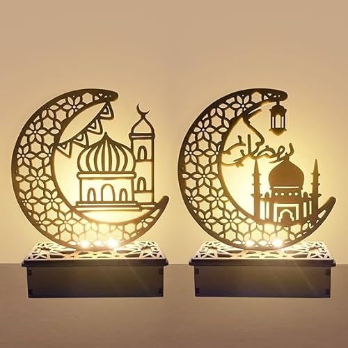 TaimeiMao 2 Stück Holz Eid Mubarak Tischdekoration,Ramadan Holz DIY Lampe Licht,Muslimische Festival Dekorative,LED Moon DIY Lampe Licht,Ornament Lampe für Muslimische Festival Partys Zu Hause von TaimeiMao