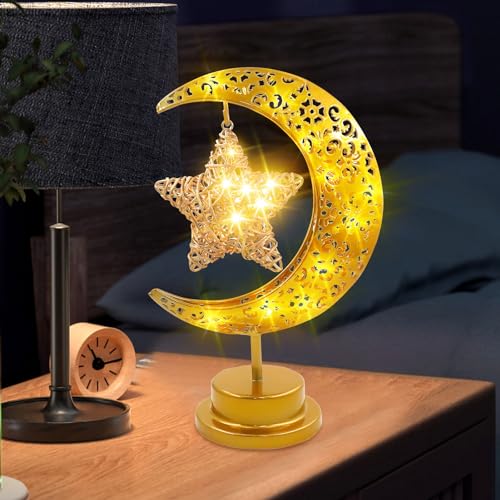 TaimeiMao LED Ramadan Lichter Mondlampe,LED Mond Stern Tischlampe,Eisen Ramadan Halbmond Lampe,LED Nachttischlampe Batteriebetrieben,Eid Dekoration Muslim Party,für Heim Schlafzimmer Büro Geschenk von TaimeiMao