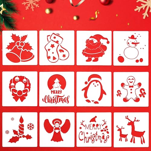 TaimeiMao Weihnachten Zeichenschablonen 12 Stück,Weihnachten Schablone Set,Malschablonen aus Kunststoff Stencil Schablonen Wiederverwendbar,DIY Geschenkkarten, Geschenke Weihnachten Kinder von TaimeiMao