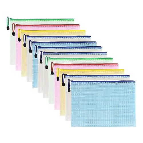 Taiyeestar 12 Stück Dokumententasche A4, bunte wasserdichte Dokumententasche mit Reißverschluss, Datei Zipper Tasche Mesh Kunststoff Reißverschlusstasche für Dokumente, Kosmetika, Reisezubehör von Taiyeestar