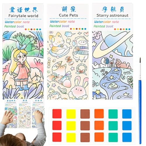 Takluu Aquarellbuch für Aquarell-Malbuch – lustiges buntes Zeichenbuch, lustiges Aquarell-Malpapier mit Pinsel, Aquarell-Malbücher-Set mit 3 Themen von Takluu