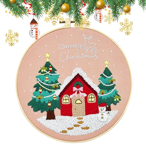 Takluu Weihnachts-Stickset,Stickset Weihnachten, Winterlandschaft Nadelspitzen-Sets, Stickset Frohe Weihnachten Blockhütte Elch Weihnachtsmann Nadelspitzenset für Erwachsene Anfänger von Takluu