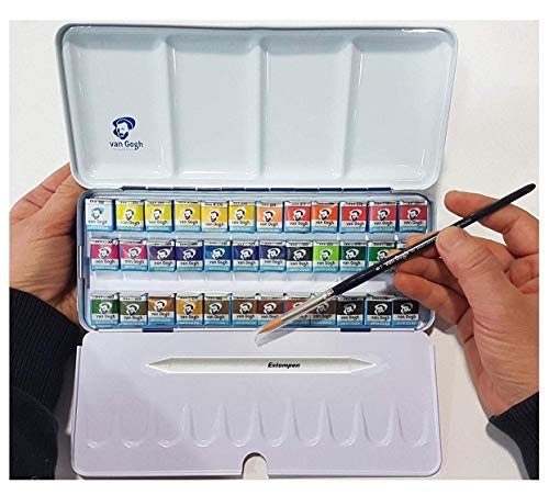 36 Näpfchen Feine Van Gogh Künstler Aquarellfarben im Metall Aquarellkasten incl. Pinsel und Mischpalette Geschenkset und Papierwischer von Talens Japan