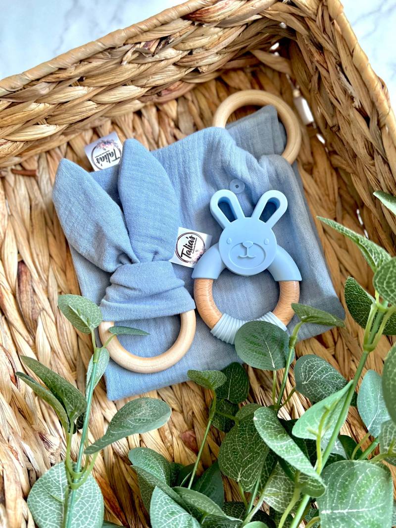 Musselin Beißring|Kaninchen Beißring| Geschenk-Set|Beißring|Beißring|Baby-Geschenk-Set|Ostern Geschenk|Baby Beißring|Geschenk Set|Geschenk von TaliasHandmadeboutiq