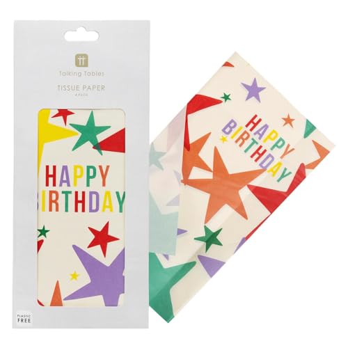 Talking Tables 4 x Happy Birthday Star Seidenpapier | Umweltfreundliches Geschenkpapier, lustige Kinderparty, Regenbogenfarben, DIY Kunst Handwerk - 50 x 70 cm von Talking Tables