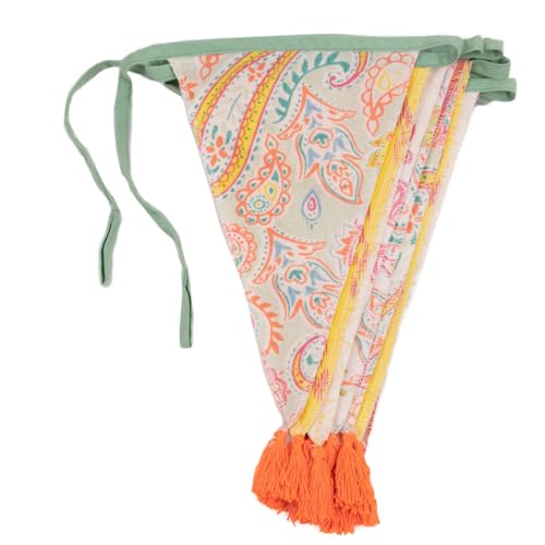 Talking Tables Gelb & Orange Boho Stoff Wimpelkette mit Quasten - 3m | Wimpelgirlande mit dreieckiger Flagge, 100% Baumwolle, Paisley-Sommerparty-Dekoration, Festival, Inneneinrichtung von Talking Tables