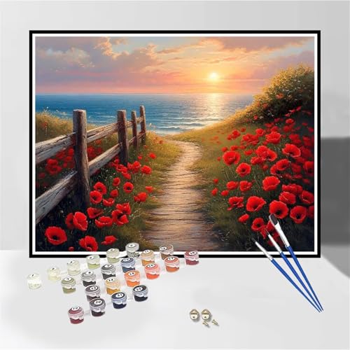 Malen Nach Zahlen Erwachsene mit Rahmen Blume Malen Nach Zahlen Sonnenuntergang Kleines Format 40x60cm Handgemalt Ölgemälde,Paint by Numbers Mit Pinseln Acrylfarbe,Kreativ Bastelset für Frauen-DK486 von Tamalsj