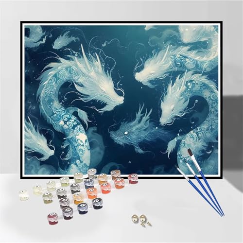 Malen Nach Zahlen Erwachsene mit Rahmen Drachen Malen Nach Zahlen Blau Kleines Format 70x90cm Handgemalt Ölgemälde, Paint by Numbers Kit Mit 3-Pinseln Acrylfarbe, Kreativ Bastelset für Frauen-DK522 von Tamalsj