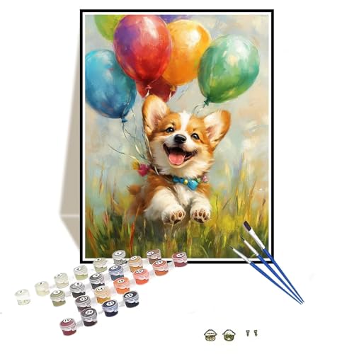 Malen Nach Zahlen Erwachsene mit Rahmen Hund Malen Nach Zahlen Ballon Kleines Format 40x60 cm Handgemalt Ölgemälde, Paint by Numbers Kit Mit 3-Pinseln und Acrylfarbe, Kreativ Bastelset für Frauen-DK97 von Tamalsj