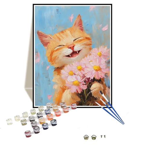 Malen Nach Zahlen Erwachsene mit Rahmen Katze Malen Nach Zahlen Blume Kleines Format 40x60cm Handgemalt Ölgemälde, Paint by Numbers Kit Mit 3-Pinseln und Acrylfarbe, Kreativ Bastelset für Frauen-DK430 von Tamalsj