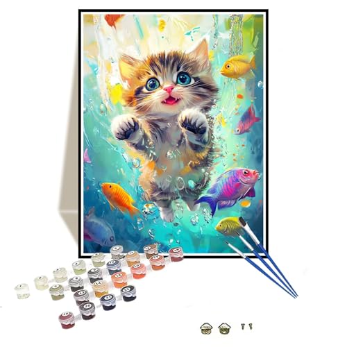 Malen Nach Zahlen Erwachsene mit Rahmen Katze Malen Nach Zahlen Fisch Kleines Format 70x90 cm Handgemalt Ölgemälde, Paint by Numbers Kit Mit 3-Pinseln und Acrylfarbe, Kreativ Bastelset für Frauen-DK40 von Tamalsj