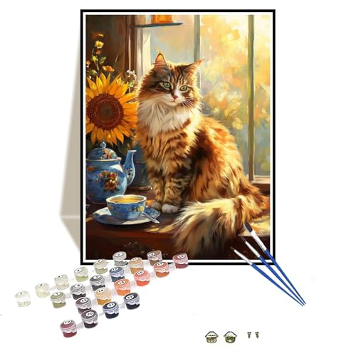 Malen Nach Zahlen Erwachsene mit Rahmen Katze Malen Nach Zahlen Sonnenblume Groß Format 100x120cm Handgemalt Ölgemälde, Paint by Numbers Kit Mit 3-Pinseln Acrylfarbe, Kreativ Bastelset für Frauen-DK47 von Tamalsj