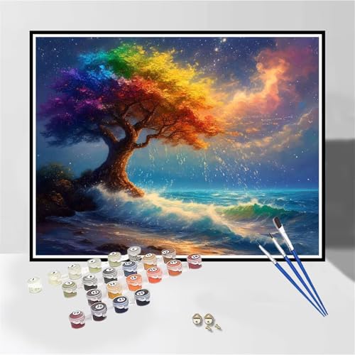 Malen Nach Zahlen Erwachsene mit Rahmen Meer Malen Nach Zahlen Baum Kleines Format 40x60 cm Handgemalt Ölgemälde, Paint by Numbers Kit Mit 3-Pinseln und Acrylfarbe, Kreativ Bastelset für Frauen-DK483 von Tamalsj