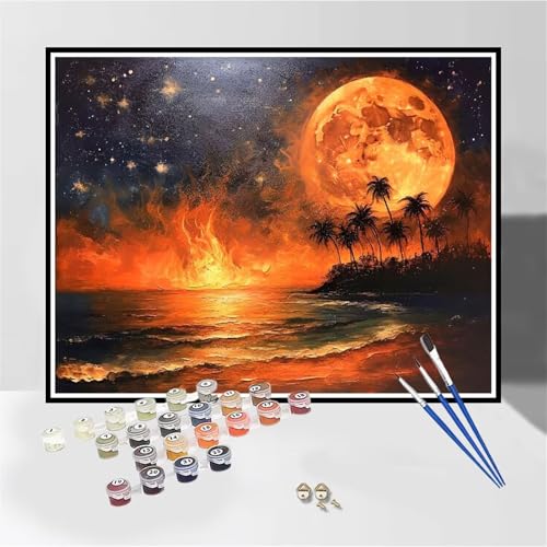 Malen Nach Zahlen Erwachsene mit Rahmen Meer Malen Nach Zahlen Mond Kleines Format 70x90 cm Handgemalt Ölgemälde, Paint by Numbers Kit Mit 3-Pinseln und Acrylfarbe, Kreativ Bastelset für Frauen-DK464 von Tamalsj