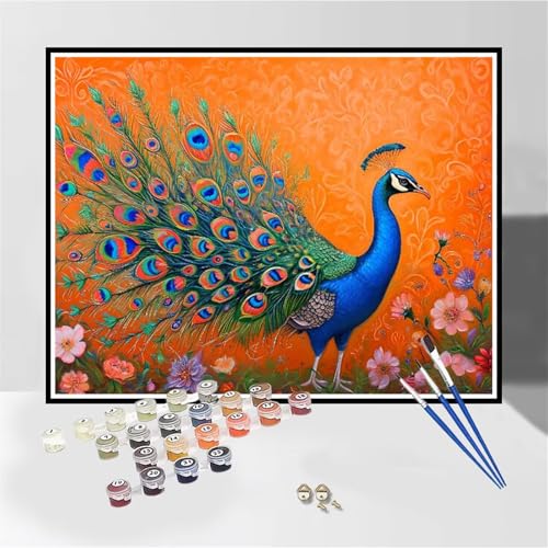 Malen Nach Zahlen Erwachsene mit Rahmen Pfau Malen Nach Zahlen Blume Kleines Format 70x90 cm Handgemalt Ölgemälde, Paint by Numbers Kit Mit 3-Pinseln und Acrylfarbe, Kreativ Bastelset für Frauen-DK492 von Tamalsj