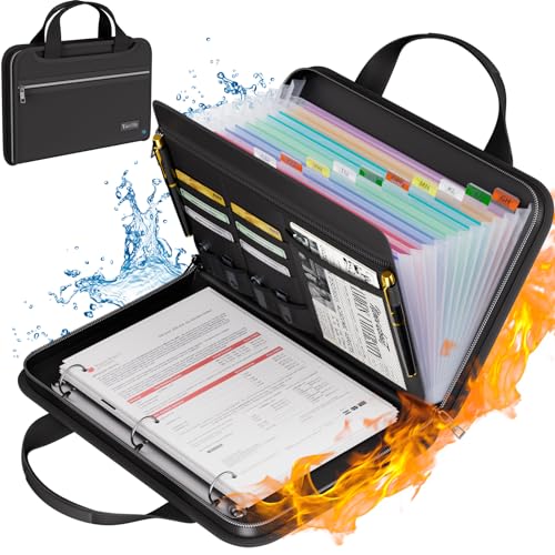 Tamfile Feuerfester Akkordeon-Aktenordner mit Griff, Aktenordner mit 3 Ringen, Fächermappe mit 13 Fächern, Fächermappe mit Reißverschluss und Etiketten, mehrere Taschen, Papier-Organizer für A4-Ordner von Tamfile