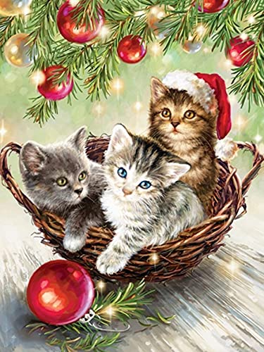 Tamseen 5D Diamond Painting Kit Weihnachten, DIY Diamond Painting Zubehör Katze Diamant Kunst Stift Bild Kinder Erwachsene Strass Kreuzstich Sets Für Stickerei Wanddekoration 30X40cm von Tamseen