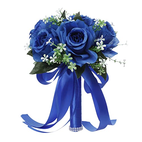 Tanant Braut Brautjungfer Blumensträuße für Hochzeit, Braut hält Blumenstrauß mit Blumen Rosen Kristall Seide Hochzeit Kirche Home Dekoration Geschenke (Blau) von Tanant